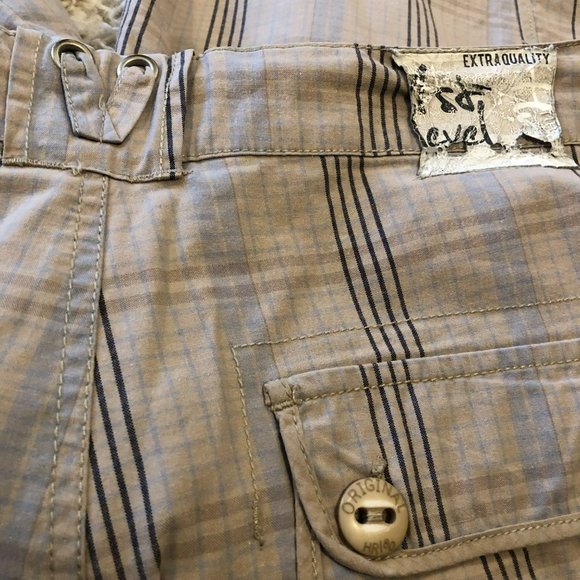 Mens Sz 34 Lightweight Cargo Shorts 12" Tan Plaid Adjustable Drawstring Waist HR - Picture 7 of 9